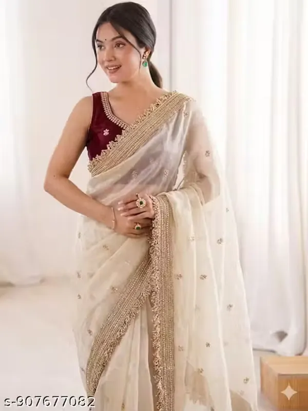Cream_Satin_Silk_Embroidered_Saree_With_Blouse_For_Women