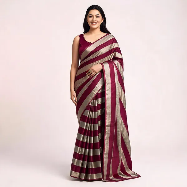 Wine_Gold_Satin_Patta_Striped_Saree_With_Blouse_For_Women