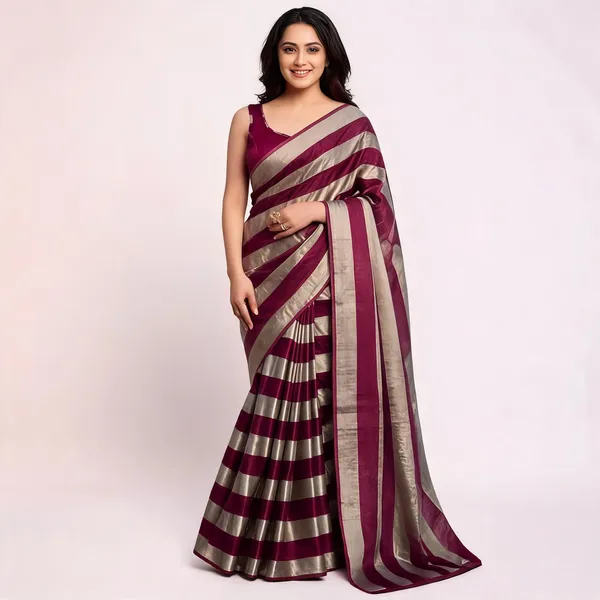 Wine_Gold_Satin_Patta_Striped_Saree_With_Blouse_For_Women