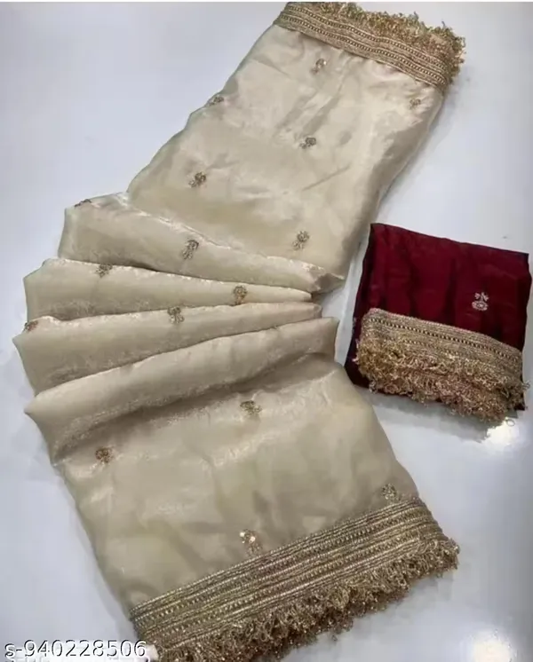 Cream_Satin_Silk_Embroidered_Saree_With_Blouse_For_Women