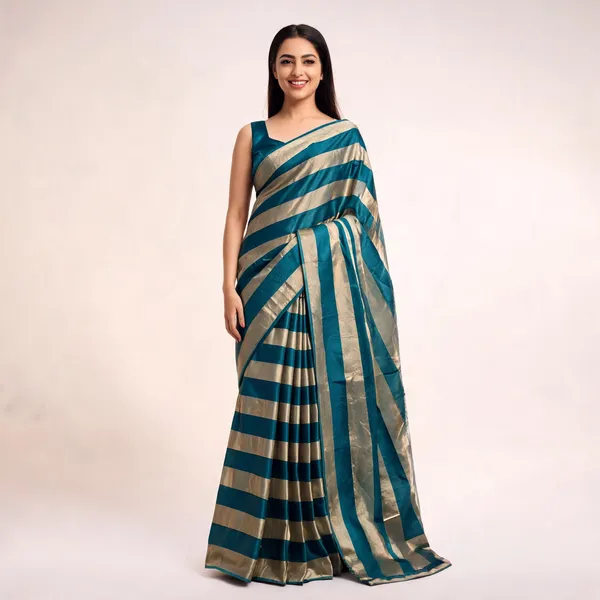 Sky_Gold_Satin_Patta_Striped_Saree_With_Blouse_For_Women