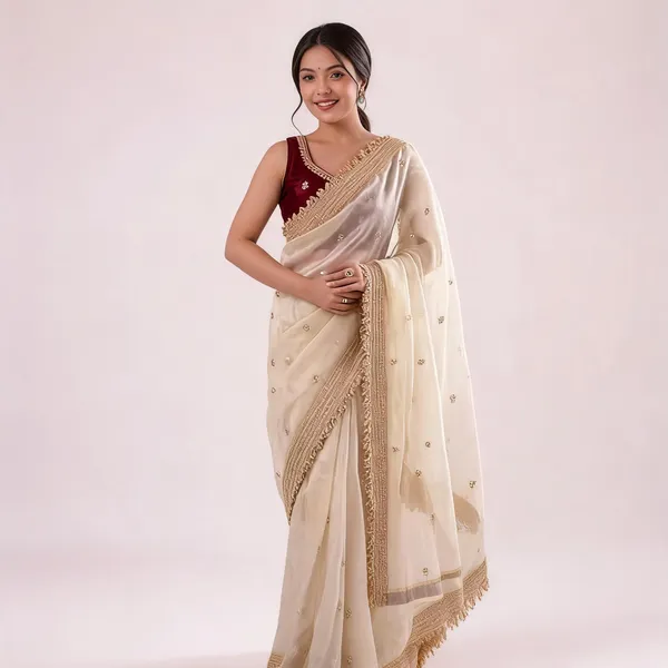 Cream_Satin_Silk_Embroidered_Saree_With_Blouse_For_Women