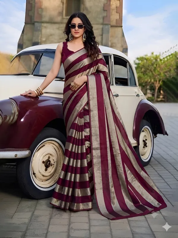 Wine_Gold_Satin_Patta_Striped_Saree_With_Blouse_For_Women
