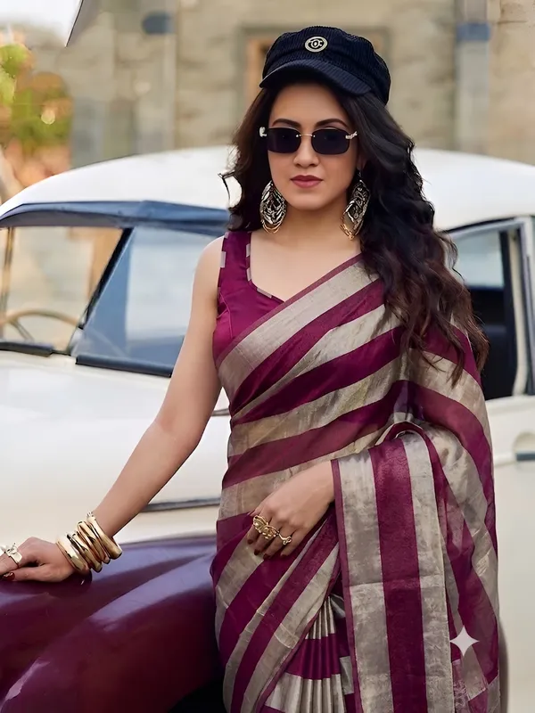 Wine_Gold_Satin_Patta_Striped_Saree_With_Blouse_For_Women
