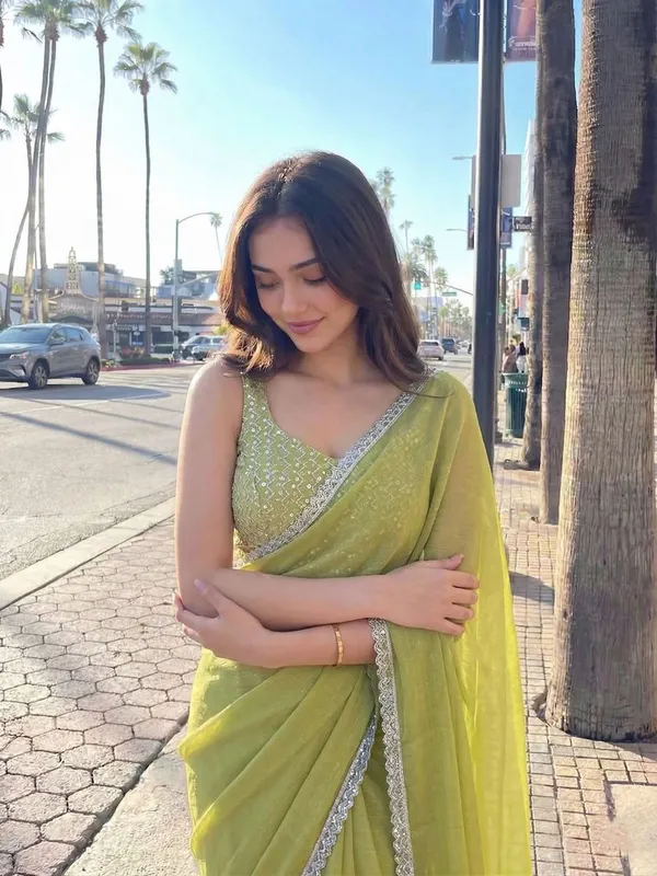 Olive_Green_Shimmer_Silk_Embellished_Saree_With_Blouse_For_Women