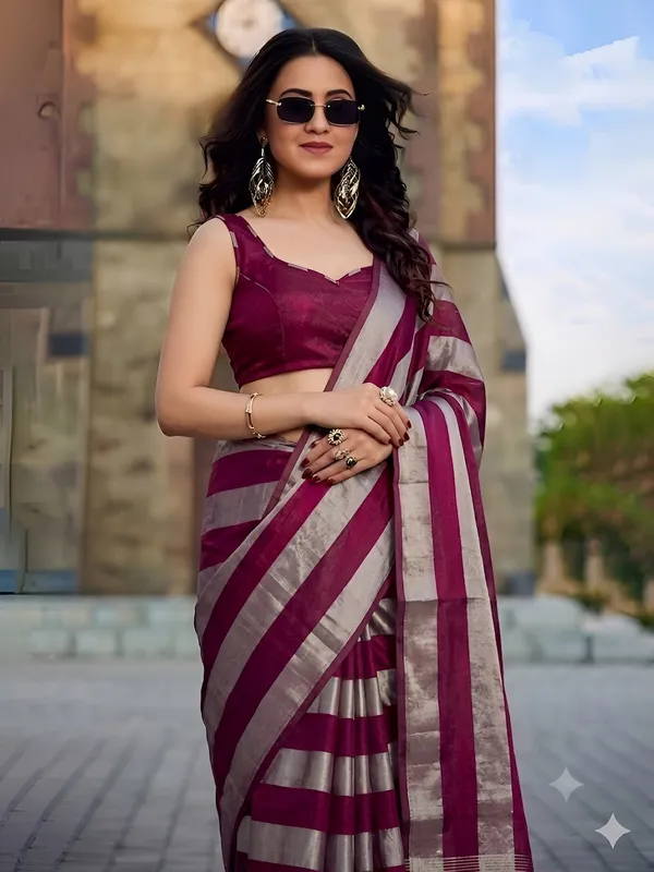 Wine_Gold_Satin_Patta_Striped_Saree_With_Blouse_For_Women