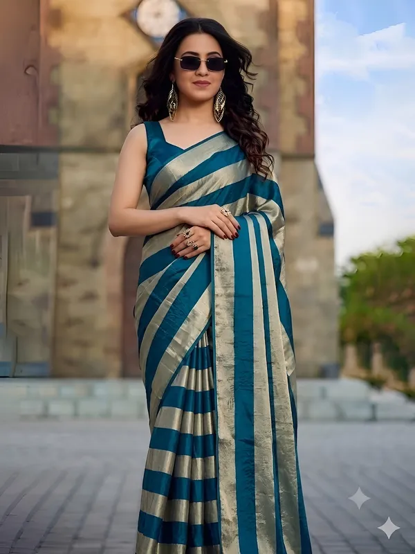Sky_Gold_Satin_Patta_Striped_Saree_With_Blouse_For_Women