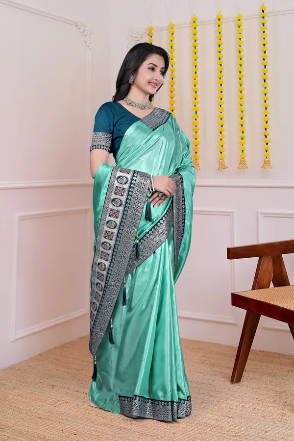 Mint_Green_Dola_Silk_Satin_Finish_Saree_With_Blouse_For_Women