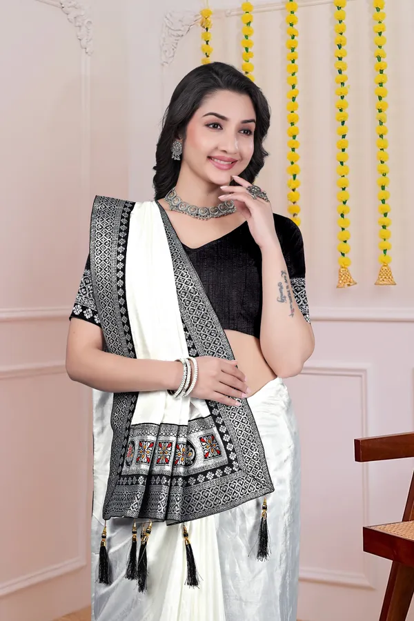 White_Black_Border_Dola_Silk_Saree_With_Blouse_For_Women