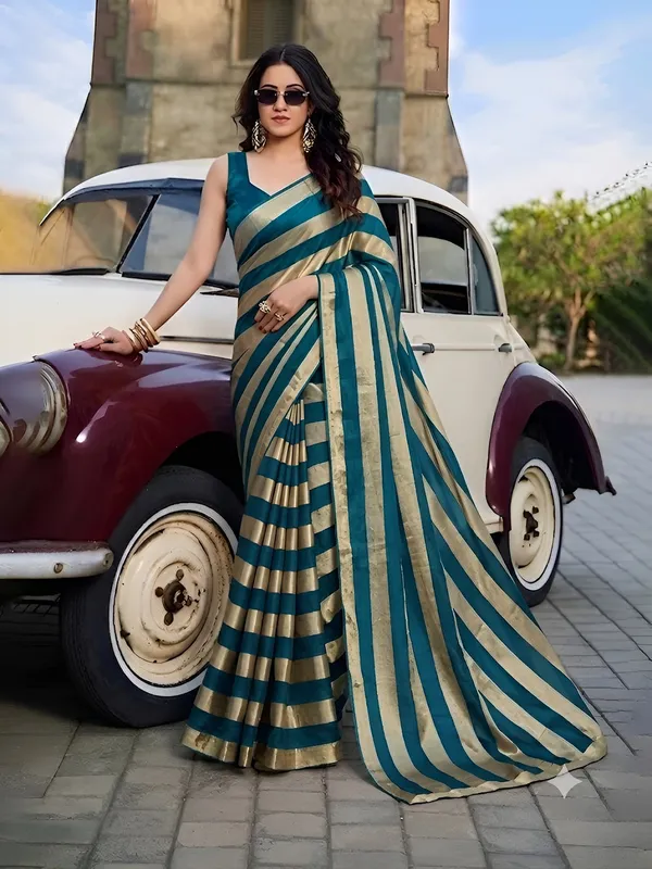 Sky_Gold_Satin_Patta_Striped_Saree_With_Blouse_For_Women