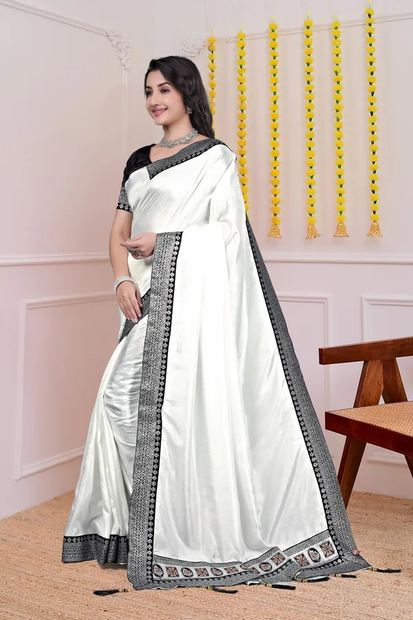 White_Black_Border_Dola_Silk_Saree_With_Blouse_For_Women