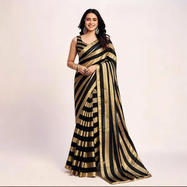 Black_Gold_Satin_Patta_Striped_Saree_With_Blouse_For_Women