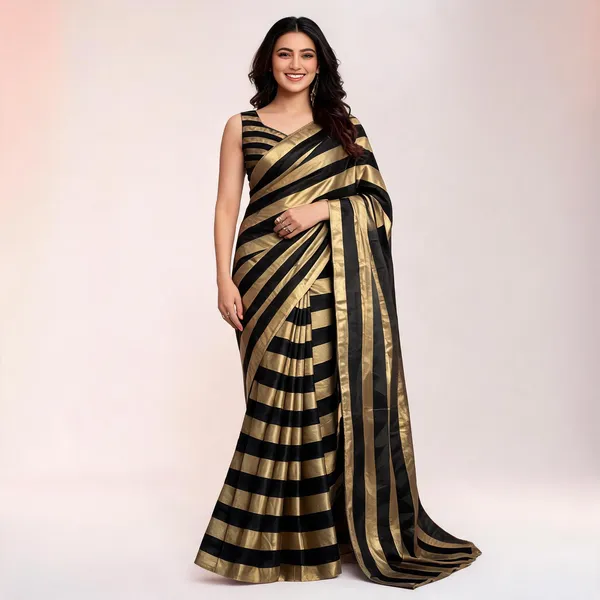 Black_Gold_Satin_Patta_Striped_Saree_With_Blouse_For_Women