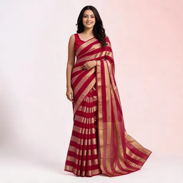 Maroon_Gold_Satin_Patta_Striped_Saree_With_Blouse_For_Women