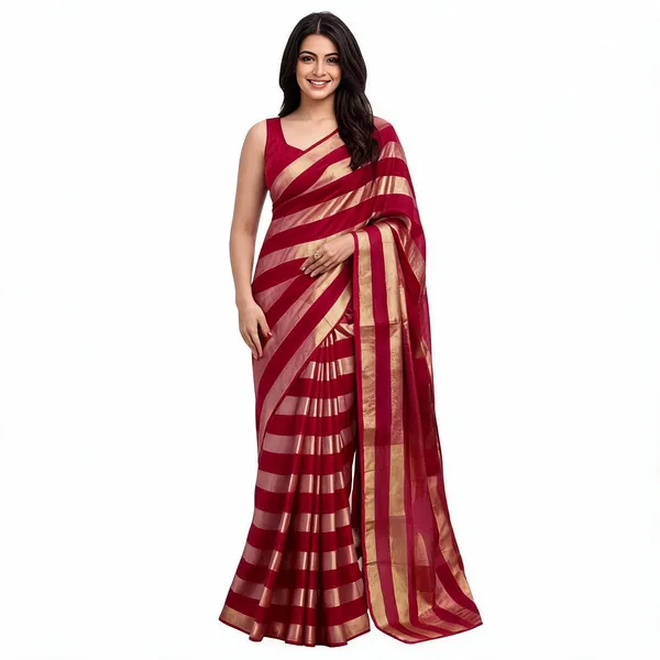 Maroon_Gold_Satin_Patta_Striped_Saree_With_Blouse_For_Women