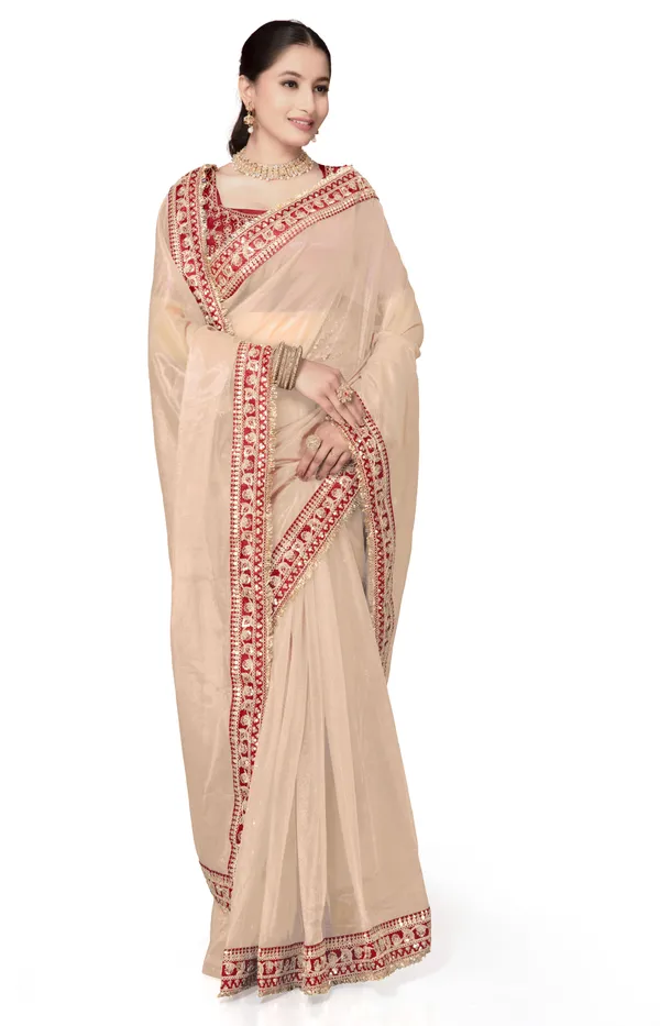 Red_Twill_Net_Embroidered_Saree_With_Blouse_For_Women