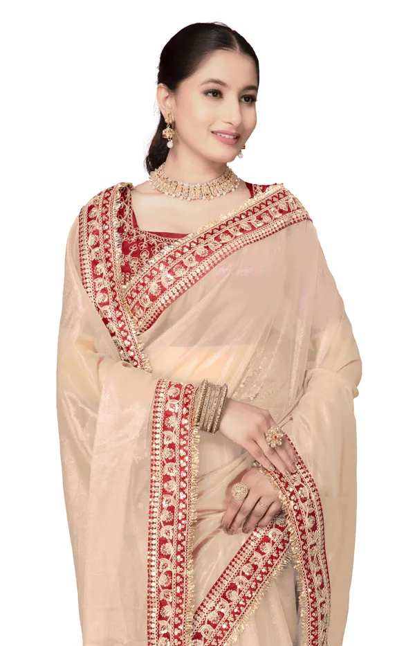 Red_Twill_Net_Embroidered_Saree_With_Blouse_For_Women