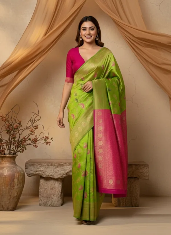 Pink_And_Green_Silk_Blend_Saree_For_Women