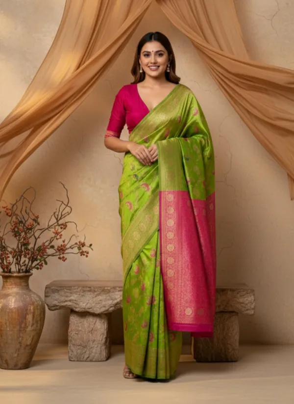 Pink_And_Green_Silk_Blend_Saree_For_Women
