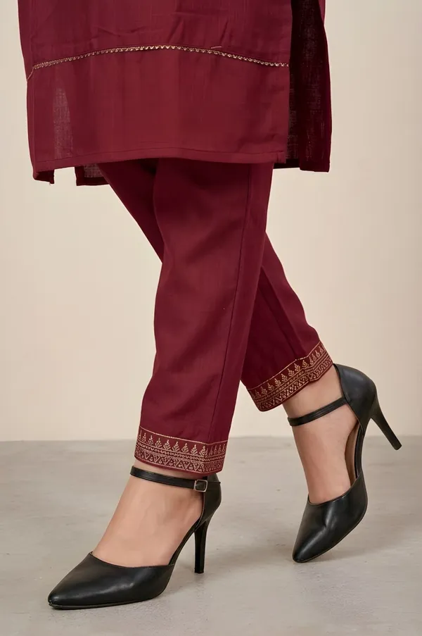 Maroon_Cotton_Kurta_Pant_Set_For_Women