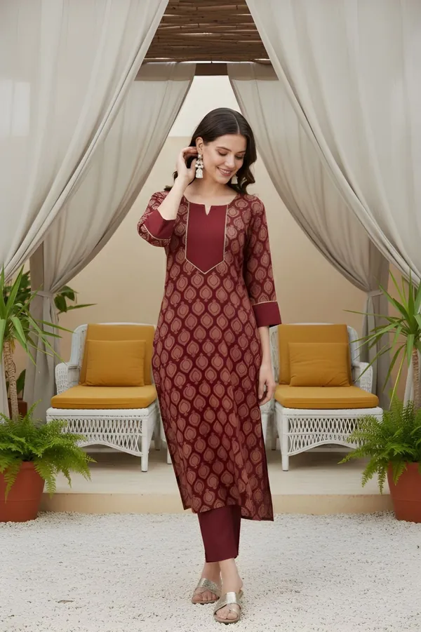 Maroon_Cotton_Kurta_Pant_Set_For_Women