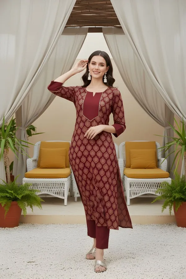 Maroon_Cotton_Kurta_Pant_Set_For_Women