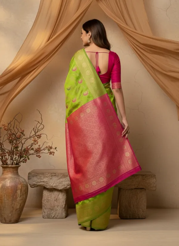 Pink_And_Green_Silk_Blend_Saree_For_Women