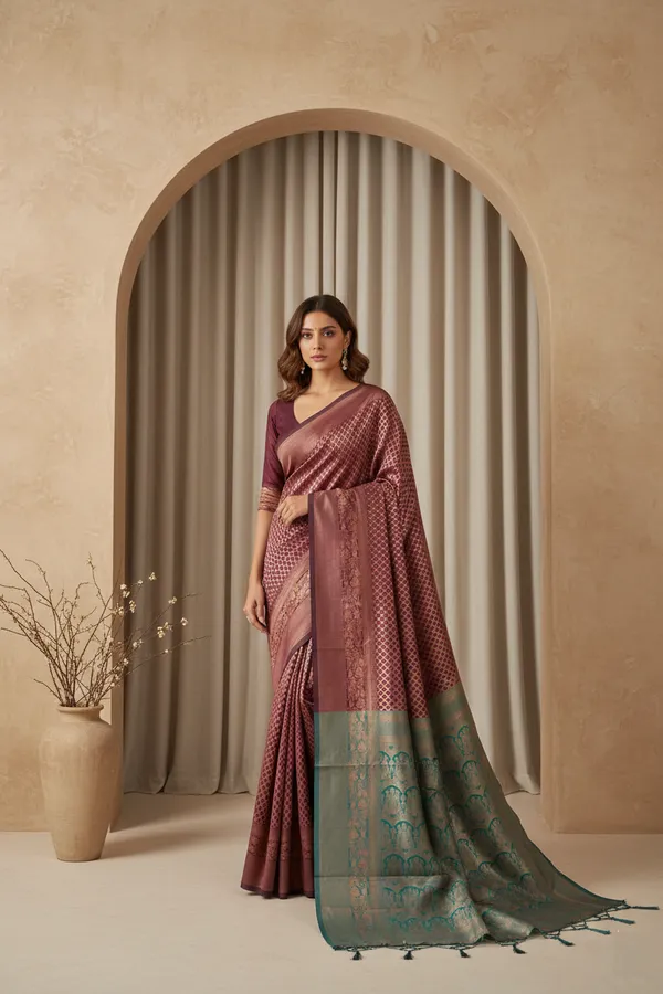 Wine_Silk_Blend_Saree_For_Women