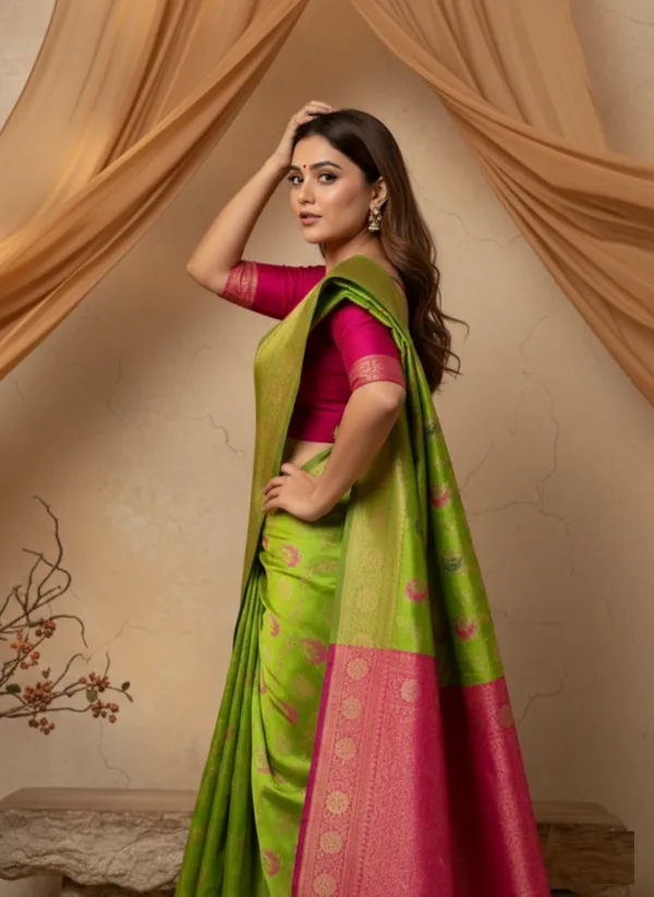 Pink_And_Green_Silk_Blend_Saree_For_Women