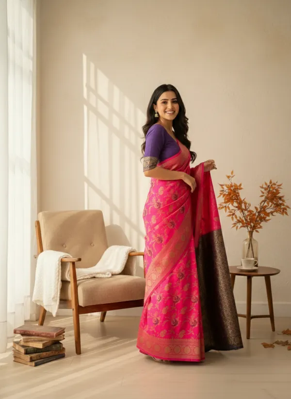 Pink_Silk_Blend_Saree_For_Women