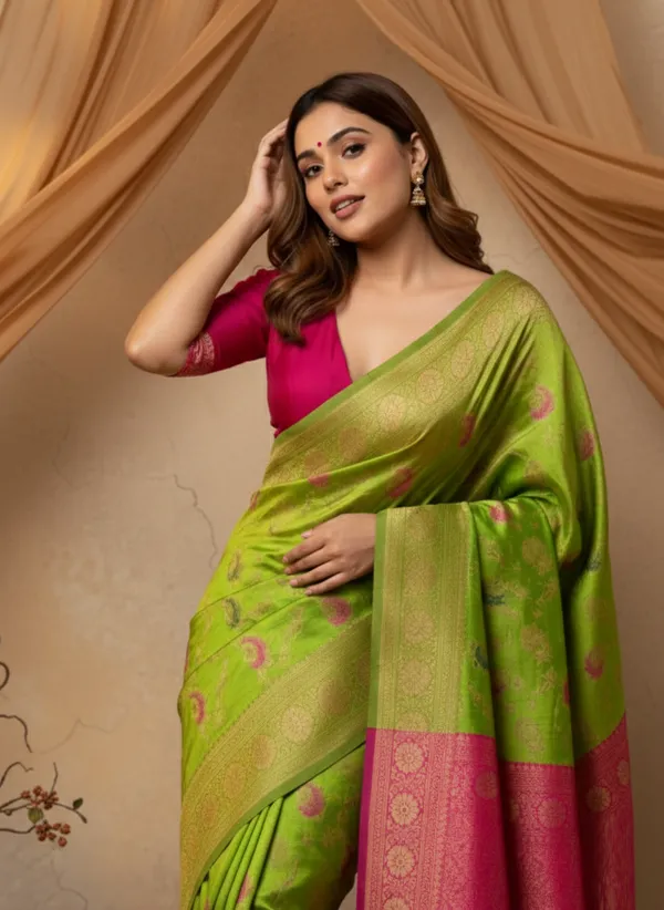 Pink_And_Green_Silk_Blend_Saree_For_Women