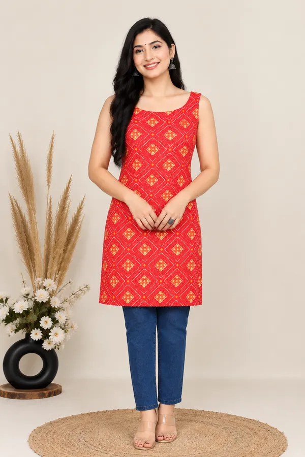 Red_Cotton_Floral_Diamond_Print_Sleeveless_Tie_Back_Kurta_For_Women