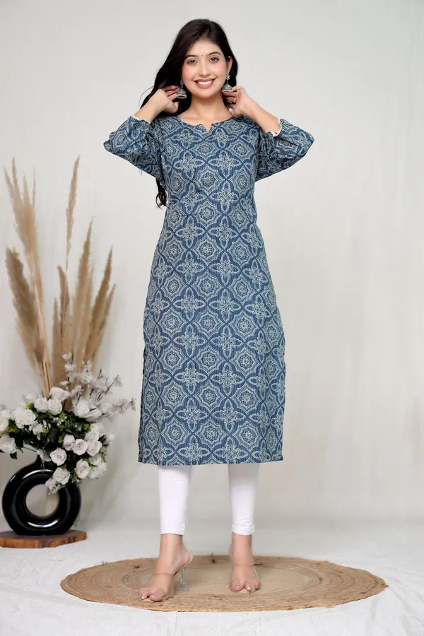 Blue_Cotton_Straight_Geometric_Floral_Print_Kurta_For_Women
