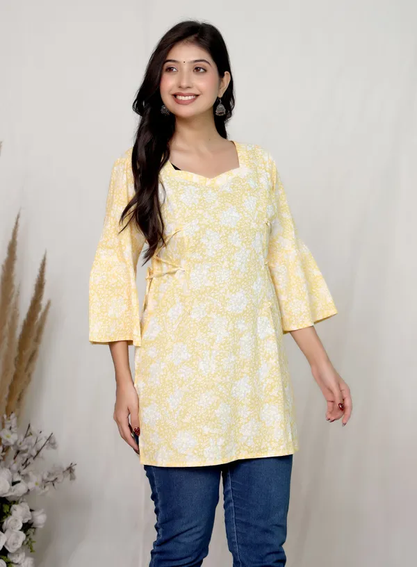 Yellow_Cotton_Wrap_Floral_Print_Dress_For_Women