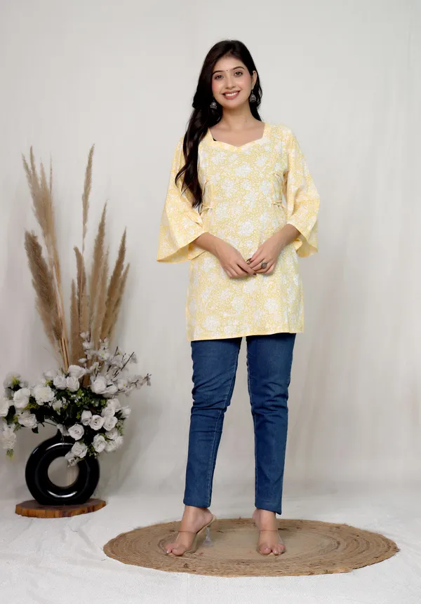 Yellow_Cotton_Wrap_Floral_Print_Dress_For_Women
