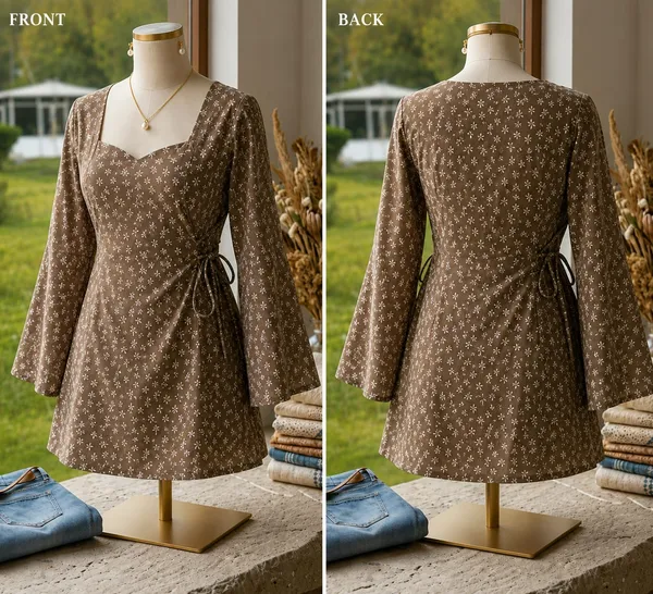 Brown_Cotton_Tie_Waist_Floral_Print_Mini_Dress_For_Women