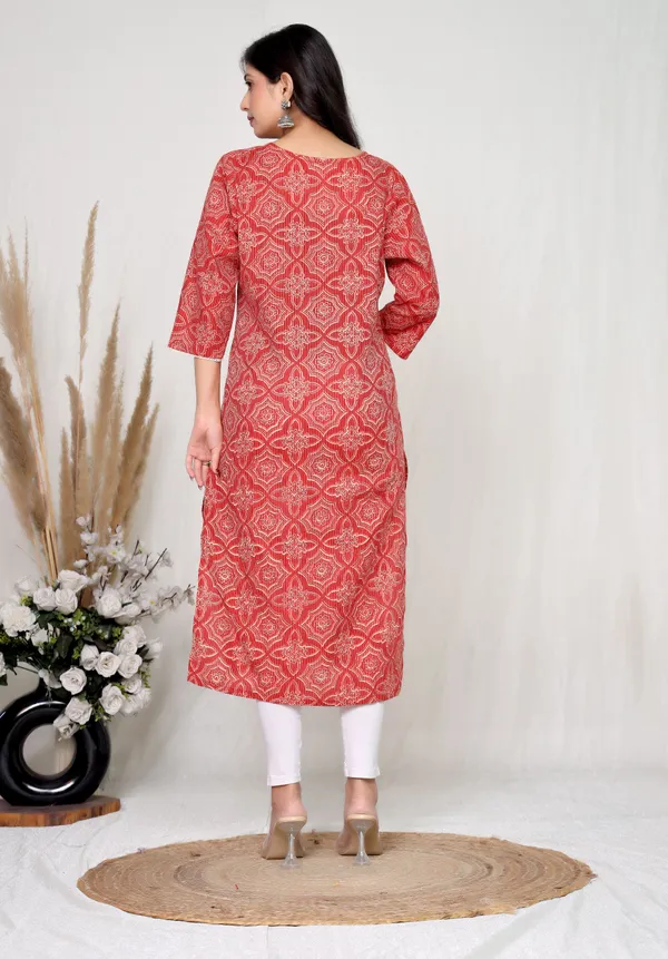 Red_Cotton_Geometric_Print_Straight_Kurta_For_Women