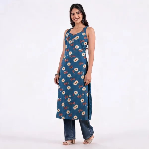 Blue_Cotton_Sleeveless_Floral_Print_Kurta_For_Women
