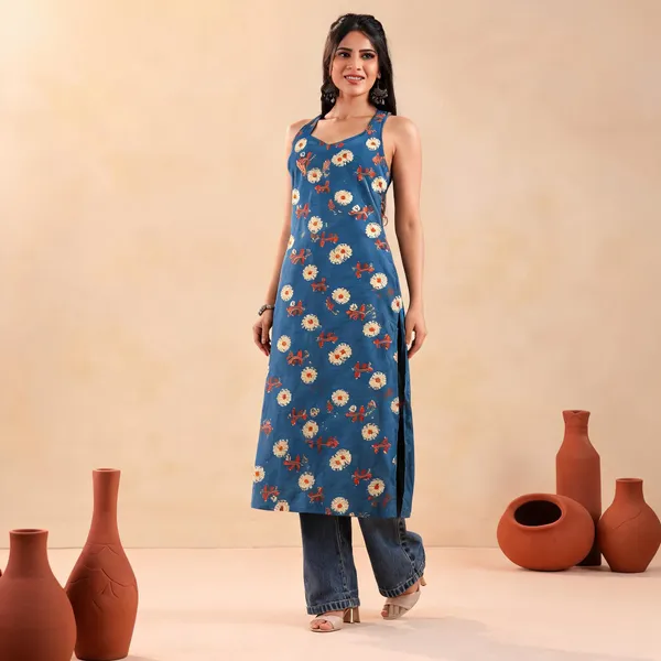 Blue_Cotton_Sleeveless_Floral_Print_Kurta_For_Women