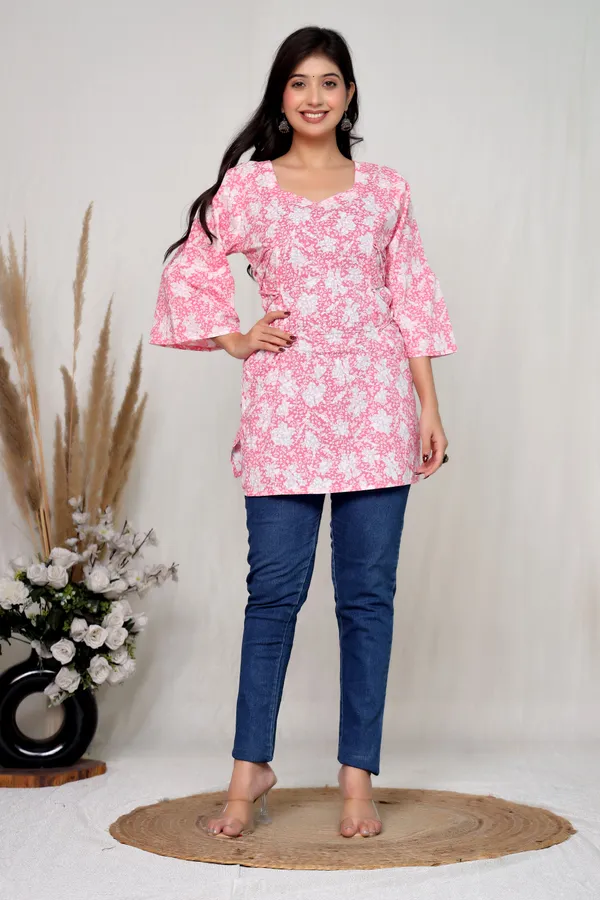 Pink_Cotton_Wrap_Style_Floral_Print_Mini_Dress_For_Women