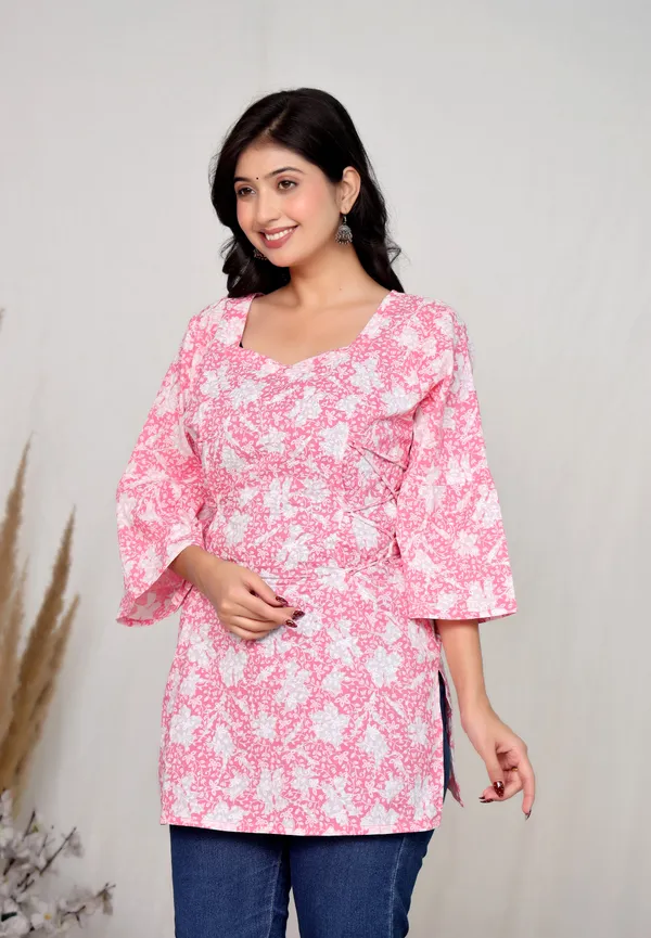 Pink_Cotton_Wrap_Style_Floral_Print_Mini_Dress_For_Women