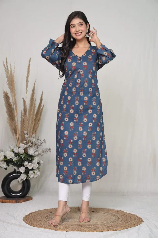 Blue_Cotton_Straight_Floral_Print_Kurta_For_Women