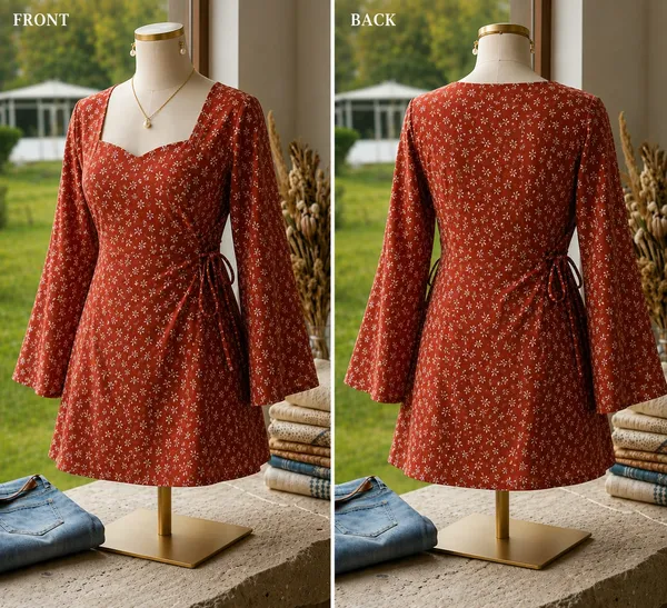 Rust_Orange_Cotton_Wrap_Floral_Print_Mini_Dress_For_Women