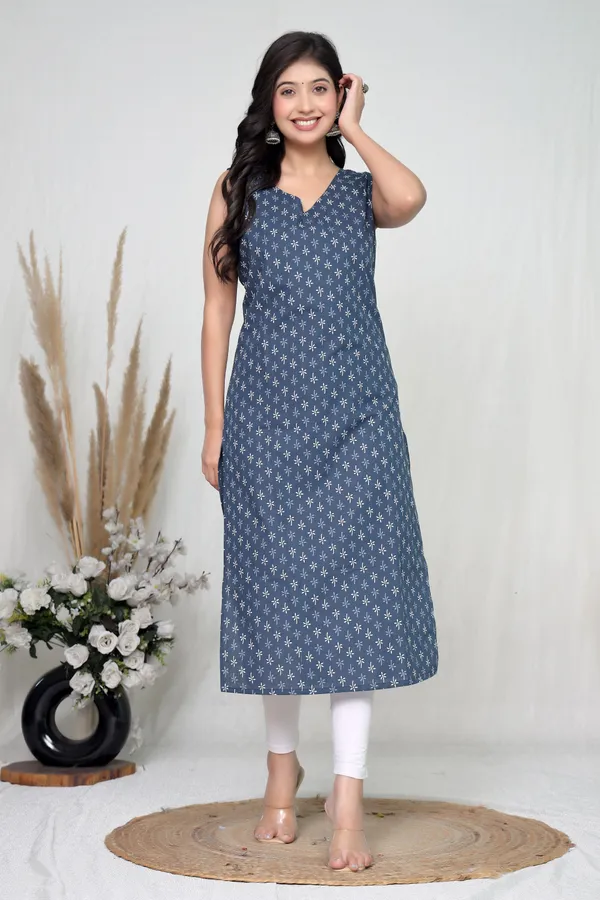 Navy_Cotton_Sleeveless_Floral_Print_Kurta_For_Women