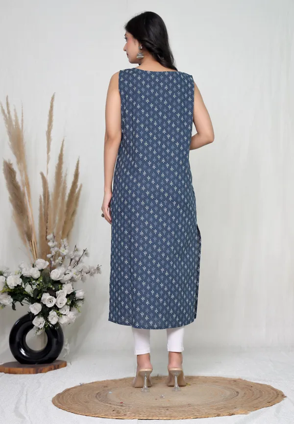 Navy_Cotton_Sleeveless_Floral_Print_Kurta_For_Women