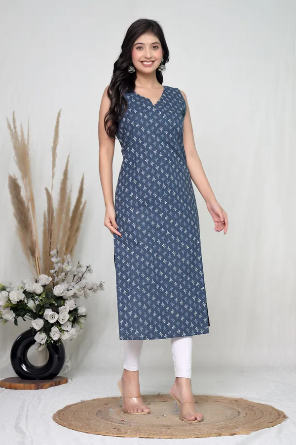 Navy_Cotton_Sleeveless_Floral_Print_Kurta_For_Women