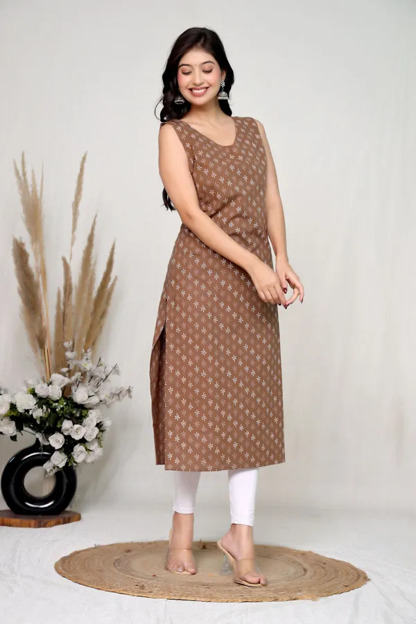 Brown_Cotton_Sleeveless_Floral_Print_Kurta_For_Women