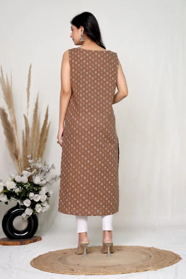 Brown_Cotton_Sleeveless_Floral_Print_Kurta_For_Women