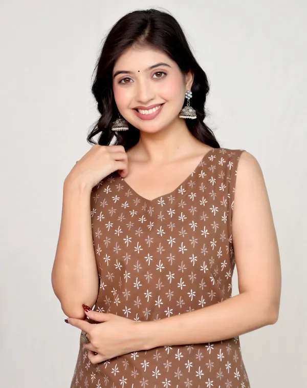 Brown_Cotton_Sleeveless_Floral_Print_Kurta_For_Women