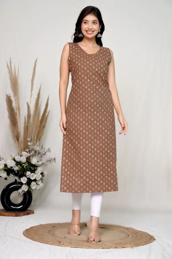 Brown_Cotton_Sleeveless_Floral_Print_Kurta_For_Women